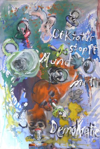 2014 martin franke, ... stopft mund mit demokratie, 120 x 80,5 cm, 2014